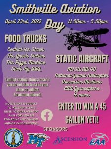 Smithville Aviation Day will be Saturday, April 23 from 11 a.m. until 5 p.m. at the Smithville Municipal Airport