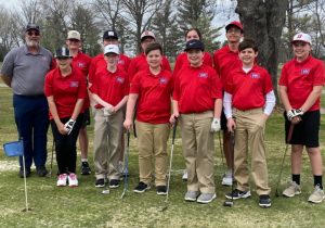 DMS Golf Team: Pictured front row from left are Chloe Boyd, Carson Tramel, Andrew Caplinger, Lee Tramel, Lance Duke, and Abram Koegler. Pictured back row are Coach Brian Koegler, Turner Bryant, Cooper Goodwin, Bradley Hale, Emily Anderson, and Jamison Troncoso.