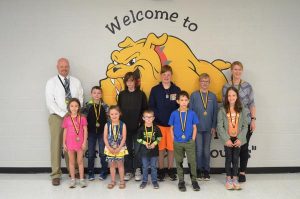 DWS May Students of the Month: First row left to right are Shalynn Rector, Kendyl Atnip, Dalton Lunsford, Mabry Aler, and Hailey Brown. Back row left to right are Assistant Principal Joey Agee, Derek Pinkston, Lucas Light, Peyton Key, Grand Brown, and Principal Sabrina Farler. Not pictured, Elliott Nelson.