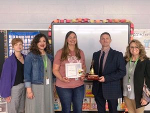 The 2022 Smithville Elementary School Teacher of the Year is Cristy Spears, a kindergarten teacher. Pictured left to right: Supervisor of Instruction Michelle Burklow, SES Principal Summer Cantrell; SES Teacher of the Year Cristy Spears, Director of Schools Patrick Cripps, and Assistant SES Principal Amanda Dakas