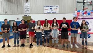 Students receiving plaques for ranking Top 10 in their class and for Citizenship pictured here: Jaxon Kleparek – Highest GPA, Cali Agee, Chase Vaughn, Ethan Spears, Carsyn Beshearse, Laura Magness, Aidan Turner, Emily Anderson, David Wheeler, and Carleigh Beckham