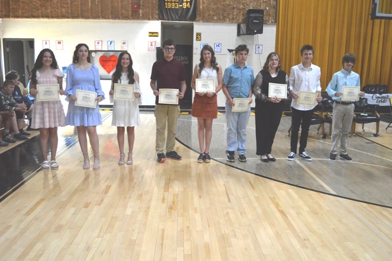 DWS 8th grade students who made the All A Honor Roll pictured left to right are Abby Joe Crook, Autumn Dies, Izzy Hendrixson, Johnathan Keith, McKenna Miller, Landon Roehner, Caitlin Shoemake, Cameron Stanley, and Connor Talley.