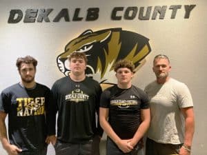 Listen for WJLE’s Football Tiger Talk Program at 6:30 p.m. prior to the 7 p.m. kick-off of the season opener tonight (Friday, August 19) between DCHS and Warren County in Smithville. The Tiger Talk Show will feature as pictured here left to right: Tiger players Josh May, Ean Jones, Tyler Estes and Colby Barnes (not pictured) with Coach Steve Trapp. Listen to the WJLE game broadcast with John Pryor and Luke Willoughby following Tiger Talk