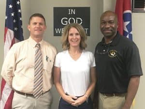 Goodbye Kate! Fourth District Board of Education representative Kate Miller met with her colleagues for the last time as a member of the board during Thursday night’s regular monthly session. Miller, who has served on the Board of Education since 2014, is stepping down when her term ends on August 31.. She is pictured here with Director of Schools Patrick Cripps (left) and Board Chairman Shaun Tubbs (right)