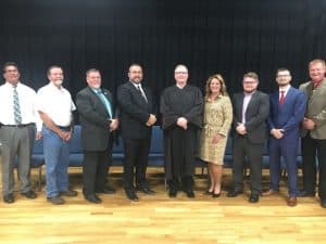 The DeKalb County Public Officials were sworn into office Monday evening by outgoing General Sessions and Juvenile Court Judge Bratten H. Cook, II to begin their new terms effective September 1. Pictured left to right: County Clerk James L. (Jimmy) Poss, Road Supervisor Danny Hale, Register of Deeds Daniel Seber, Sheriff Patrick Ray, Judge Cook, Circuit Court Clerk Susan Martin, General Sessions and Juvenile Court Judge Brandon Cox (sworn in last Friday), County Mayor Matt Adcock, and Trustee Sean Driver. All terms are 4 years except the Judge position which is an 8 year term