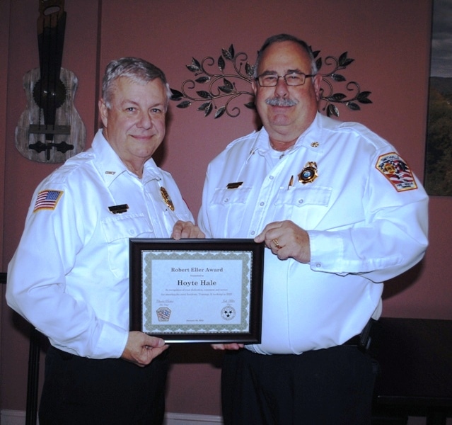 Smithville Volunteer Firefighter and Deputy Chief Hoyte Hale (right) received the “Robert Eller Highest Attendance Award from Chief Charlie Parker Monday night during an appreciation dinner for city firefighters at Ace’s Steakhouse, Seafood, and Italian Restaurant downtown. Deputy Chief Hale, 38-year veteran of the department, responded to 179 incidents, the most of anyone during the year including trainings, workings, and meetings in addition to incidents.