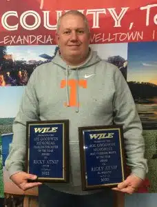 Ricky Atnip has repeated as the WJLE Fearless Forecaster of the year. During the 15-week college football season in 2023 including bowl games, Ricky compiled the overall best record picking winners in 253 games at 171-82. For the third year in a row, Atnip also accumulated the most underdog points during the season at 67 points this year. Ricky will be presented the “WJLE Fearless Forecasters Joe Goodwin Memorial Awards” during the season finale show January 11 at 4:30 p.m.. He is sponsored on the show by the Charles D. Atnip Realty & Auction Company. Photo shown here is from his award presentation in January, 2023