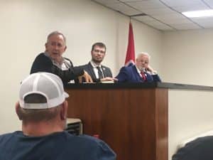 Tennessee Corrections Institute Deputy Director Bob Bass (right) and County Technical Assistance Service Consultant Jim Hart (left) met with County Mayor Matt Adcock (center), the County Commission, and Sheriff Patrick Ray Wednesday night to renew discussions over deficiencies at the DeKalb County Jail