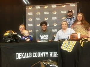 DCHS Tiger Football Senior Shadie Rankhorn was joined by members of his family Friday, February 3 at DCHS as he signed a letter of intent with Lindsey Wilson College in Columbia, Kentucky to continue his football career at the college level this fall. Pictured left to right are Rhonda Rankhorn, Mason Crook, Shadie Rankhorn, Shalimar Rankhorn, Leanna Crook, and Jacob Rankhorn