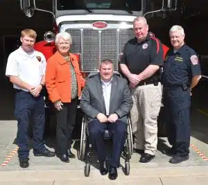 The DeKalb County, City of Smithville, and Town of Alexandria Volunteer Fire Departments are each receiving 2023 grant awards from the state through the Volunteer Firefighter Equipment and Training Grant Program. The announcement was made Friday by local fire department chiefs and state lawmakers. Pictured here left to right are Alexandria Fire Chief John Partridge, State Senator Janice Bowling, State Representative Michael Hale, DeKalb County Fire Chief Donny Green, and Smithville Fire Chief Charlie Parker