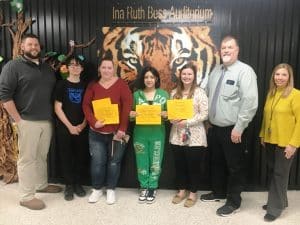 DeKalb County High School continued its monthly observance Monday of recognizing a teacher, student, and parent of the month: Pictured here left to right are Assistant DCHS Principal Thomas Cagle, Daniel Stiffler with his mother Jennifer King who is the Parent of the Month, Student of the Month Yoselyn Garcia, Teacher of the Month Morgan Oyster, DCHS Principal Bruce Curtis, and DCHS Assistant Principal Jenny Norris