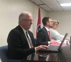 The DeKalb County Commission’s Budget Committee met for the first time Monday night at the courthouse to begin preparations for the 2023-24 fiscal year. Pictured here are the county’s fiscal agent/financial advisor Steve Bates, of Guardian Advisors, LLC based in Hohenwald with County Mayor Matt Adcock and Kristie Nokes of the County Mayor’s Office
