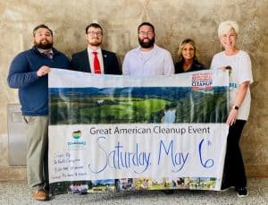 DeKalb County to Participate in Great American Clean up. Pictured l-r: Solid Waste Management Director James Gauffan, County Mayor Matt Adcock, Smithville Mayor Josh Miller, Smithville Police Dept Administrative Assistant Beth Adcock, Chamber Director Suzanne Williams