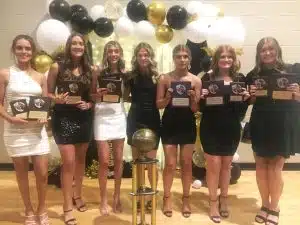 2022-23 DCHS Lady Tiger Basketball Award Winners: Left to Right- Madison Martin, Darrah Ramsey, Chloe VanVranken, MVP Ella VanVranken, Cam Branin, Avery Agee, and Tess Barton