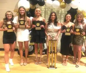 2022-23 DCHS Basketball Cheerleader Award Winners: Left to Right- Averie McMinn, Yvette Chivers, Katie Patterson, MVC Katherine Gassaway, Hannah Lohorn, and Annabella Dakas