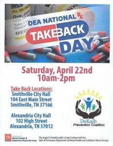 The DeKalb Prevention Coalition encourages DeKalb County residents to take part in National Prescription Drug Take-Back Day Saturday, April 22 from 10 a.m. to 2 p.m.