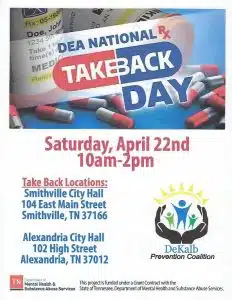 The DeKalb Prevention Coalition encourages DeKalb County residents to take part in National Prescription Drug Take-Back Day Saturday, April 22 from 10 a.m. to 2 p.m.