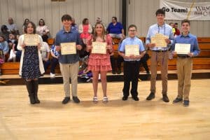 DWS 8th grade Academic award winners pictured left to right are Jennifer Fortune, Chase Young, Izzy Prichard, Leyton Scarbrough, Ethan Brown, and Ben Driver.