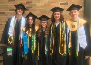 A college degree and a high school diploma! Five seniors at DeKalb County High School (PICTURED LEFT TO RIGHT HERE) Setson Agee, Layla Walker, Emma Johnson, Ryder Miller, and Chandler Johnson are now college graduates. They have each earned an associate degree from Motlow State Community College, and they walked the line Monday evening, May 8 in a Motlow ceremony at MTSU in Murfreesboro, four days before their graduation at DCHS Friday night, May 12.