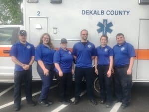 May 21-27 is Emergency Medical Services (EMS) Week in DeKalb County. Members of DeKalb EMS Staff include the following (Left to Right) D-Shift and Day Truck Crew Trevin Merriman-AEMT, Aspen Flarity-EMT-PCC/IC, Jessica Wilson-AEMT, Matt Melton-EMT-PCC, Keely Ping-AEMT, and Houston Austin-EMT-PCC/IC