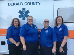 May 21-27 is Emergency Medical Services (EMS) Week in DeKalb County. Members of DeKalb EMS Staff include the following (Left to Right) B-Shift Kristie Johnson-EMTPCC/ICQA, Heather Billings-EMT-B, Dennis Sherman-EMT/PCC, and Misty Green-AEMT