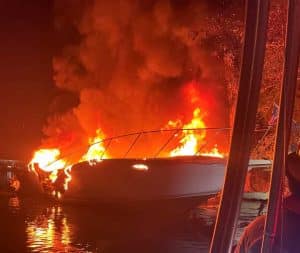 The DeKalb County Fire Department and Smithville-DeKalb County Rescue Squad were dispatched to a boat fire at Edgar Evins Marina Friday night at 9:33 p.m. (DeKalb Fire Department Photo)