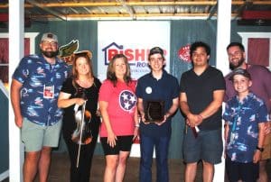 Contest Fiddle (Neil Dudney Memorial Award): First Place- Noah Goebel of Elkton, Kentucky; Second Place-Tyler Andal of Nashville; and Third Place- Sarah Harris of Rockvale. The Neil Dudney Award was presented to Goebel by Dudney’s daughter Janet England, two of his grandchildren, Ethan and Brandon Shaw, and great grandson Carson Shaw. Dudney, who passed away in October, 2018 served as President and Coordinator of the Fiddlers Jamboree for 16 years until he stepped down in 2008.