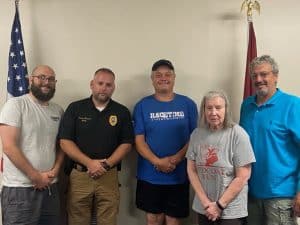 Pictured left to right: Alexandria Alderman Curtis Rutter, Police Chief Travis Bryant, Mayor Rusty Bradshaw, Alderman Lynne Dickerson, and Alderman Donnie Bearden