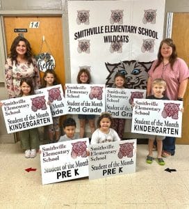 Smithville Elementary would like to recognize our Students of the Month for August. These students were selected for their outstanding character, academics, and other traits that make them an all-around excellent student. Selected as Students of the Month for August are: PreK- Sawyer Williams, Aaron Alvarado Hernandez Kindergarten – Bode Sykes, Brilee Fuson 1st Grade – Emmie Edwards, Scarlett Lopez (not pictured) 2nd Grade – Gracie Taylor, Jemma Bradley The students are pictured with SES Principal Anita Puckett and SES Assistant Principal Karen France.