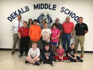 DeKalb Middle School has been awarded a $500 Outdoor Classroom Garden grant from the Farm Bureau’s Ag in the Classroom Foundation and a check in that amount was presented to the school on Thursday. On hand for the occasion were pictured: Seated left to right: DMS students Damien Lattimore, James Howell, Lily Vandyck, and Aidan Layne. Standing left to right- DMS students Logan Gentry, Zayden Atkinson, Eli Smith, and Rebecca Brown. Back row: DMS Principal Caleb Shehane, Teacher Suzette Barnes, Assistant Principal Teresa Jones, DeKalb Farm Bureau Board member Mike Conley, DFB President Mack Harney, and DFB Agency Office Manager Bradley Locke