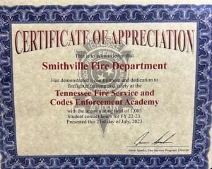 The Smithville Fire Department was recently recognized for completing 1,003 training hours from the Tennessee Fire & Codes Academy this last year.