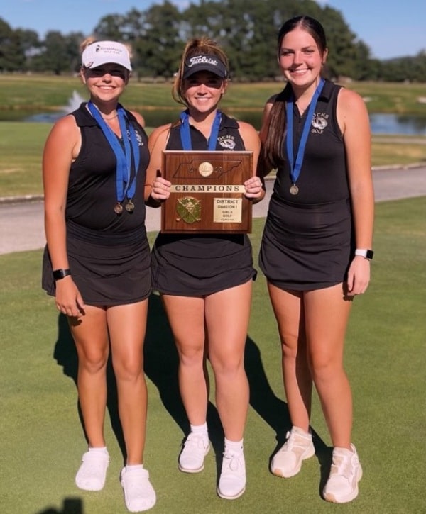 District Champions! The DCHS Lady Tiger Golf Team won the District 7AA Tournament at Golden Eagle Golf Club in Cookeville Monday improving their overall record to 19-0. Alison Poss (CENTER) led the way with a 79, finishing 3rd overall in the tournament. Chloe Boyd (LEFT) shot an 81 to finish in 4th place individually. Emily Anderson (RIGHT) finished with a 103. The Lady Tigers will go to the Region 4AA Tournament on Monday, October 2 at Tim’s Ford. There, six teams will compete for one spot in the state tournament.