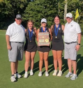 The DCHS Lady Tigers’ Golf Team punched their ticket to the TSSAA Division I AA State Tournament Monday winning the Region Tournament at Tim’s Fords Bear Trace in Winchester. Pictured left to right are DCHS Golf Coach John Pryor, Alison Poss, Chloe Boyd, Emily Anderson, and Assistant Coach Luke Dycus