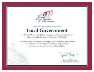 DeKalb County has been recognized by the Tennessee Comptroller of the Treasury for having adopted its 2023-24 budget prior to the start of the fiscal year. During Thursday night’s committee of the whole meeting of the county commission, County Mayor Matt Adcock said the county has received a budget certificate (similar to the one shown here) recognizing local officials for this achievement.