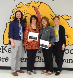 Pictured left to right are DWS Assistant Principal Seth Willoughby, October Teacher of the Month Jennifer Martin, October Employee of the Month Cindy Rhody, and Principal Sabrina Farler.