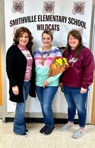 Emily Lattimore (center) named Smithville Elementary School “Teacher of the Month”. Pictured here with SES Principal Anita Puckett (left) and Assistant Principal Karen France (right)