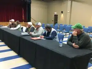 County Commission and School Board Renew Discussion About New School Construction in Joint Meeting. Pictured here left to right: County Commissioners Sabrina Farler, Tony Luna, Beth Pafford, Larry Green, Glynn Merriman, Daniel Cripps, and Jeff Barnes.