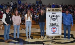 Ally Beneke, a two time state high school jump champion, has become one of the greatest athletes of all time at DCHS and for her feat Ally ranks as among WJLE’s top stories in sports for the year 2023 in DeKalb County. Beneke, the 2023 DCHS graduate was honored between the DCHS-Warren County basketball games Friday night, December 8 in Smithville for having captured back-to-back women’s high jump state titles in 2022 and 2023