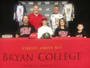 Bryan College, known for its award winning fishing teams, has landed a big catch from DeKalb County High School. Senior Jaxon Humphrey (seated between his parents) signed a letter of intent Friday , December 15 to further his education career at Bryan in Dayton, Tennessee on a fishing scholarship after he graduates in May from DCHS. It is the first ever fishing scholarship awarded to a DCHS student. Jaxon was accompanied at the signing by his parents (seated next to Jaxon) J.D. and Cathleen and brother Cainnan Humphrey along with: Standing left to right Bryan College Fishing Coach Mike Keen and DCHS Fishing Coach Jeff Taylor
