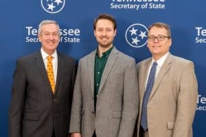 Tennessee Secretary of State Tre Hargett (left) and State Coordinator of Elections Mark Goins (right) recently recognized DeKalb County Administrator of Elections Dustin Estes (center) for passing the Administrator of Elections Certification Exam.