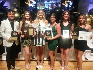 2023 DCHS Individual Football Cheer Award winners left to right: Best Jumps-Landen Tubbs, DEAR (Dedication, Enthusiasm, Attitude, and Responsibility- Jade Mabe; Most Valuable Cheerleader- Ally Fuller; Best Motions: Elaina Turner; Best Dancer- Addyson Swisher; and Best Stunts-Annabella Dakas. Not pictured: Most Spirited- Macy Anderson