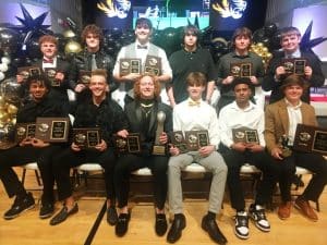 2023 DCHS Football Award Winners: Seated left to right- Malachi Trapp, Trace Hamilton, MVP Ari White, Jordan Parker, Ryon Lyons, and Ty Webb. Standing left to right- Andrew Dakas, Briz Trapp, Wil Farris, Chris Pulley, Bryson Arnold, and Kobe Roller. Not Pictured: Adrian Prater and Kevin Ahlgard