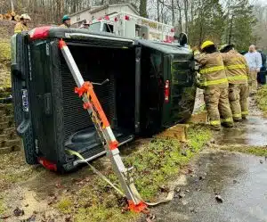 A 63-year-old man was injured Saturday in a crash on Johnson Chapel Road. According to the Tennessee Highway Patrol, Richard Alan Curtis was traveling west on Johnson Chapel Road in a 2013 GMC Sierra when he failed to negotiate a curve causing the vehicle to go off the right side of the roadway and overturn before coming to a final rest on the right side. (Photo shows DeKalb Firefighters working to stabilize the vehicle- Photo by the DeKalb Fire Department)