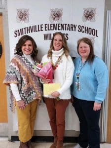 Smithville Elementary is recognizing its Teacher of the Month for January, Mrs. Jane Ramsey as pictured here with SES Principal Anita Puckett and SES Assistant Principal Karen France.