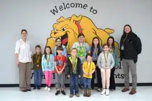 DeKalb West School has named the Students of the Month for February. Pictured front row left to right are Aiden Checchi, Karson Davenport, Rylee Woodruff, Annabelle Ray. Second row left to right are Principal Sabrina Farler, Ty Combs, Cammi Neal, Averie Winchester, Halia McDaniel, Katie Beth Swearinger, Paisley Avera, and Assistant Principal Seth Willoughby.