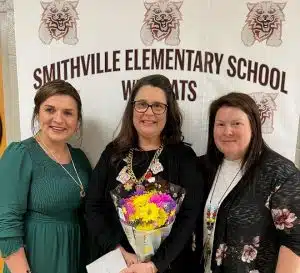 Smithville Elementary is recognizing its Teacher of the Month for March, Mrs. Holly Hendrix as pictured here with SES Principal Anita Puckett and SES Assistant Principal Karen France.
