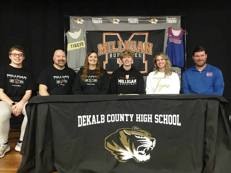 A DeKalb County High School track runner will soon be sprinting off to college. Kaleb Spears, a senior, signed papers Thursday committing to Milligan University to join the Buffaloes next year. He was joined at the signing by family, friends, and coaches. Pictured left to right: Kaleb’s brother and parents, Ethan, Jonathan, and Cristy Spears, Kaleb, Assistant DCHS Track and Field Coach Kristen VanVranken and Head Coach Jeremy Wilhelm of the Warren County/DCHS cooperative program.