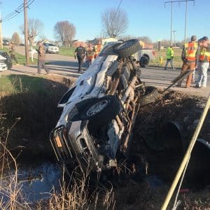 Four people including two minor children escaped injury in a two-vehicle crash Monday afternoon in Smithville. Trooper Bobby Johnson of the Tennessee Highway Patrol said that 30-year-old Louis Richards of Smithville was driving a 2023 Ford F150 attempting to cross Dry Creek Road from Villa Street when he pulled into the path of a 1999 Chevy Silverado, driven by 59-year-old Barry Deaver of Smithville who was west on Dry Creek Road. Two minor children were with Richards. The impact of the crash forced the Silverado into the creek near Whaley Street where it came to rest on the passenger side. No one was injured.