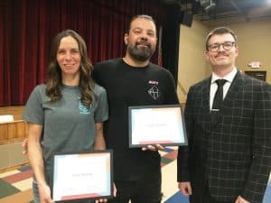 Good citizens doing good deeds! Eddie Ramos and Tara Hunt, operators of Kayaking Adventures of Tennessee were honored by the county commission and county mayor with “Community Service Awards” during Monday night’s regular monthly meeting for the volunteer work they do in collecting, bagging, and properly disposing of litter from the lake and other places in the county.