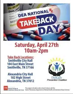 DeKalb County residents are urged to take part in National Prescription Drug Take-Back Day Saturday, April 27 from 10 a.m. to 2 p.m.